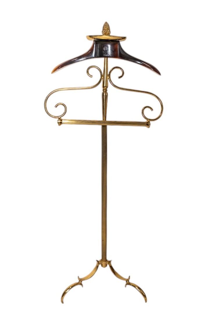 Mid Century French Art Deco Men's Dumb Valet Brass and Mahogany Butler Suit & Coat Hanger Stand (1 of 4)