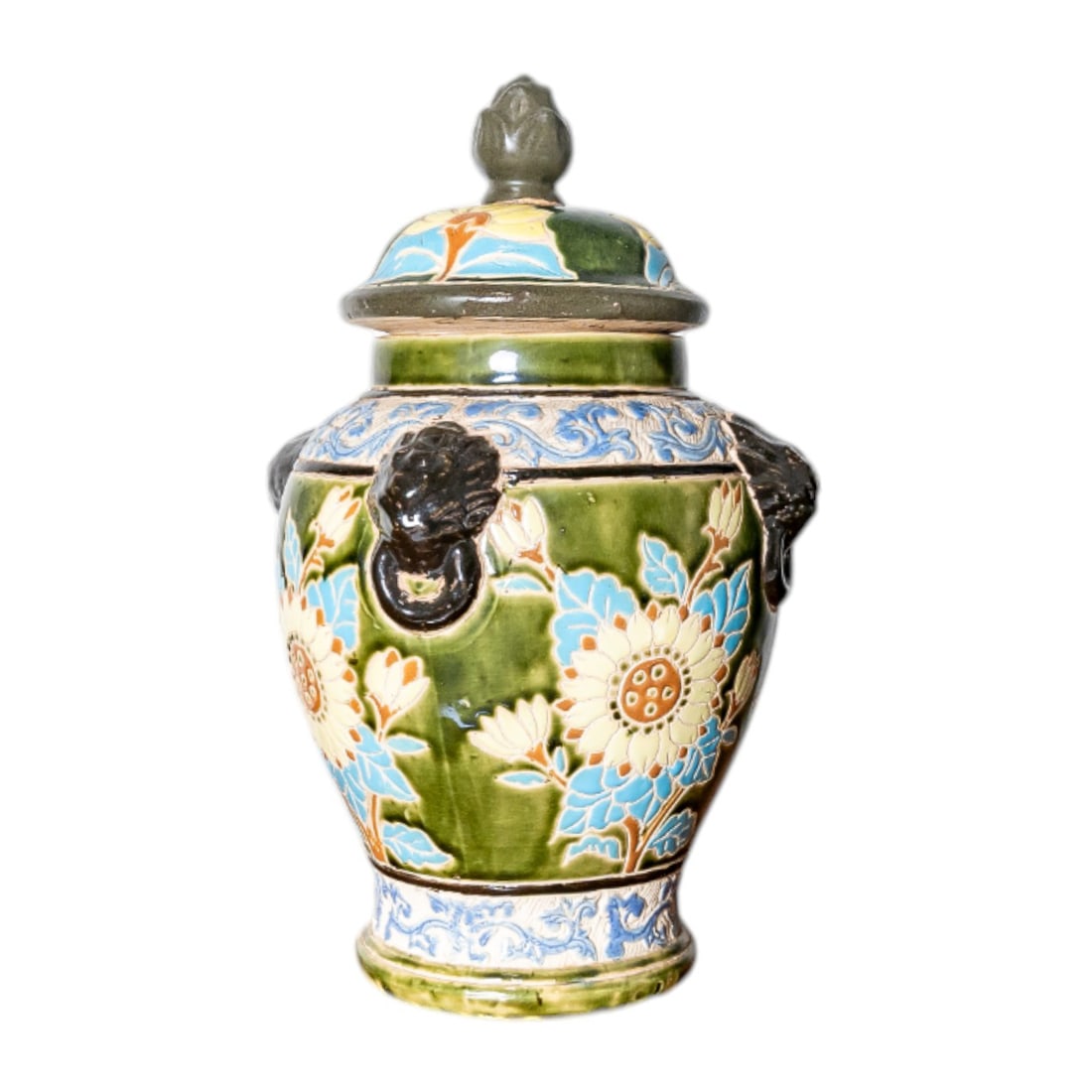 Large Ceramic Pottery Vase Potiche Baluster Dasie  Jinger Jar Lion Handles Incised Lotus Flowers (1 of 5)