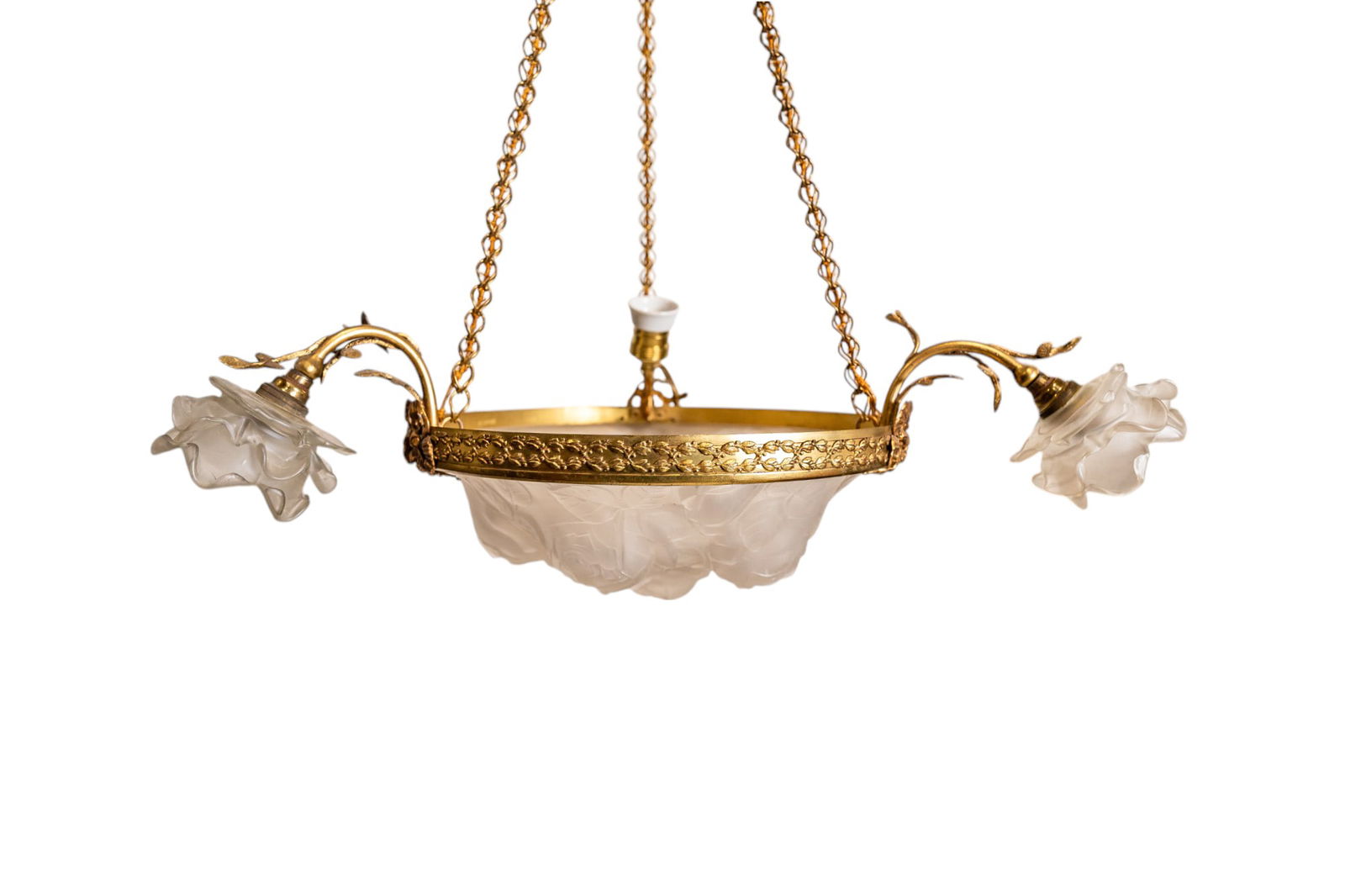 1930s Antique French Frosted Glass Pendant 3-Arm Chandelier, France (1 of 7)