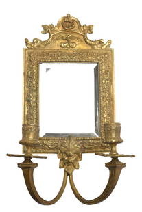 Original Antique Bronze Louis XVI  Gilded Mirror 2-Arm Candle Holder With Ornate Figural Face: Original Antique Bronze Louis XVI Gilded Mirror with 2-Arm Candle Holder and Ornate Figural Face. Measuring 8.0" L x 14.5" H (20.32 cm x 36.83 cm), this elegant piece combines a beautifully gilded mir