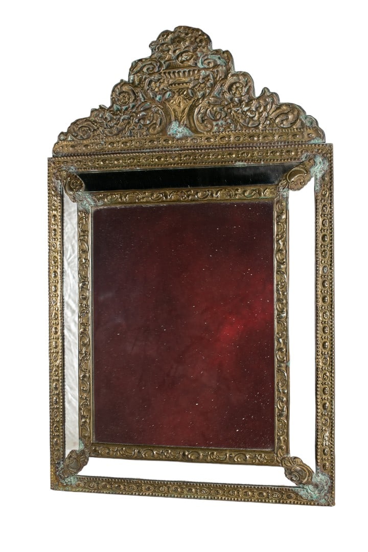 Original Large Napoleon III Style Wall Mirror in Repousse Burnished Brass, 18th Century (1 of 13)