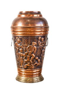 Mid-19th Century French Copper & Brass Repousse Chateau Umbrella Basket: This Mid-19th Century French Copper & Brass Repouss? Chateau Umbrella Basket is a beautifully crafted piece that exudes elegance and history. Featuring intricate repouss? detailing, the warm copper an