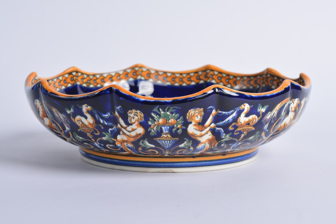19th Century French Gien Renaissance Ceramic Bowl or Decorative Dish, Signed "MM": Authentic ceramic hand printed decorative dish or bowl in dark blue signed by Gien. Condition is in excellent with no chips or cracks. France, circa 1890.Condition: Excellent Origin: France Dimensions