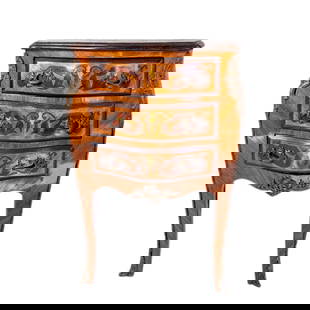 Original 19th Century Louis XVI  French Rosewood Amaranth, and Marquetry Petite Bombe Bombay Commode: This exquisite Original 19th Century Louis XVI French Rosewood and Amaranth Petite Bombe Bombay Commode showcases masterful craftsmanship and refined elegance. Featuring intricate marquetry inlay, a g