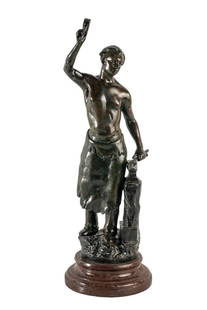 Antique English 19th Century Bronze Blacksmith Figure Signed Belim: Introducing a signed Belim, English 19th Century Bronze Blacksmith Figure, a captivating masterpiece that embodies the craftsmanship of the era. Standing at 21.25 inches tall with dimensions of 7.0" w