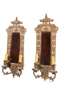 Pair of Original 19th Century Bronze Neoclassical BRADLEY & HUBBARD Gilt Mirrored Candle Wall Scones: Pair of Original 19th Century Bronze Neoclassical BRADLEY & HUBBARD Gilt Mirrored Candle Wall Sconces. Crafted with exquisite detail, their neoclassical design and gilt accents exude timeless elegance