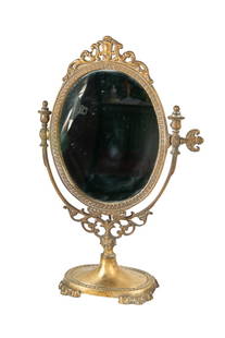 19th Century Antique  Art Nouveau Ornate Victorian Brass Pedestal Vanity Mirror: 19th Century Antique Art Nouveau Ornate Victorian Brass Pedestal Vanity Mirror exudes timeless elegance. Crafted with intricate detailing, the brass frame features delicate floral and scroll motifs, r