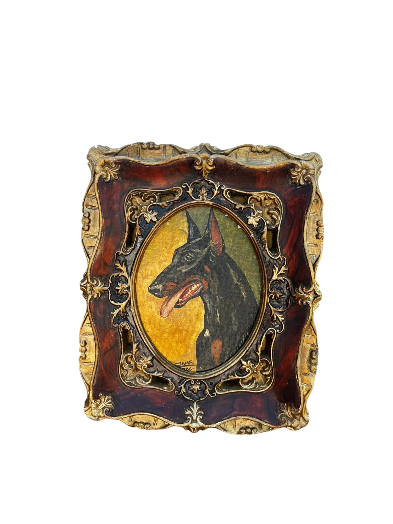 Vintage Oil Painting of " Dobermann " in Gilt Ormolu Style Wooden Frame Signed " Jack 1986 " (1 of 6)
