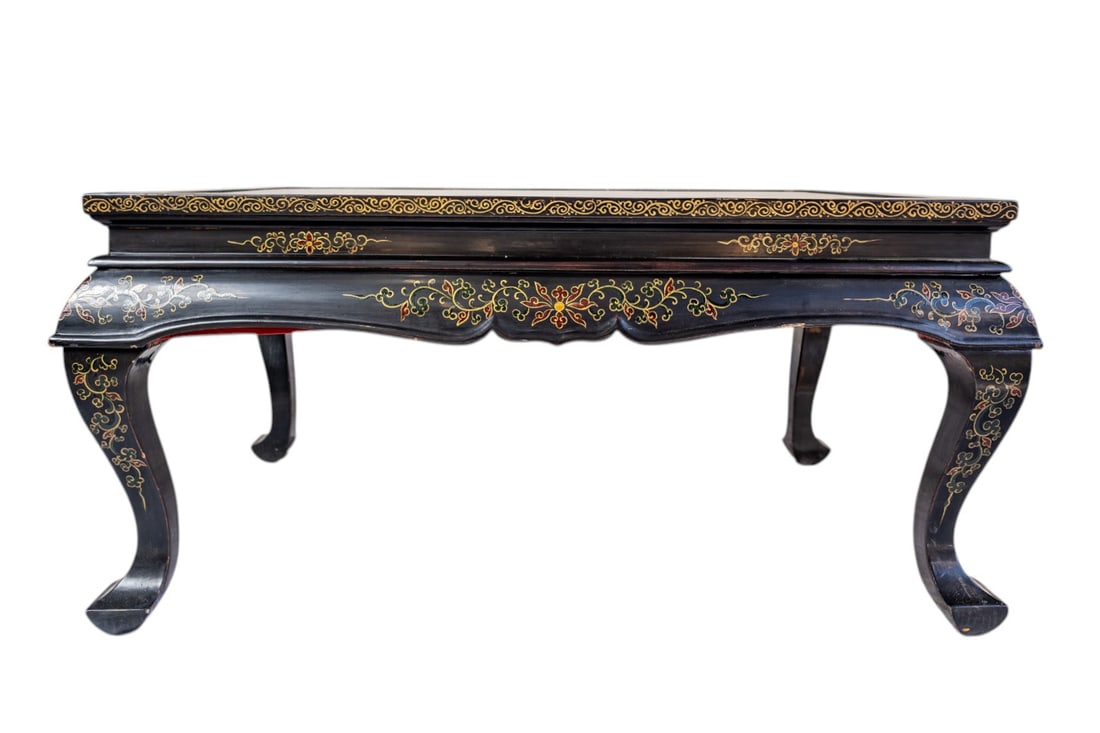 Antique Chinese Carved Inlaid Lacquer Game Tea Coffee Table Glass Top with Mother of Pearl Soapstone (1 of 4)