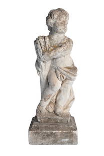 18th Century Stone Cherub Figural Garden Sculpture: Embrace timeless charm with this 18th Century Stone Cherub Figural Garden Sculpture on pedestal, it exudes artistic allure. Standing at 10.0" L x 8.0" D x 22.25" H ( 25cm x 20cm x 55cm ) , this piece
