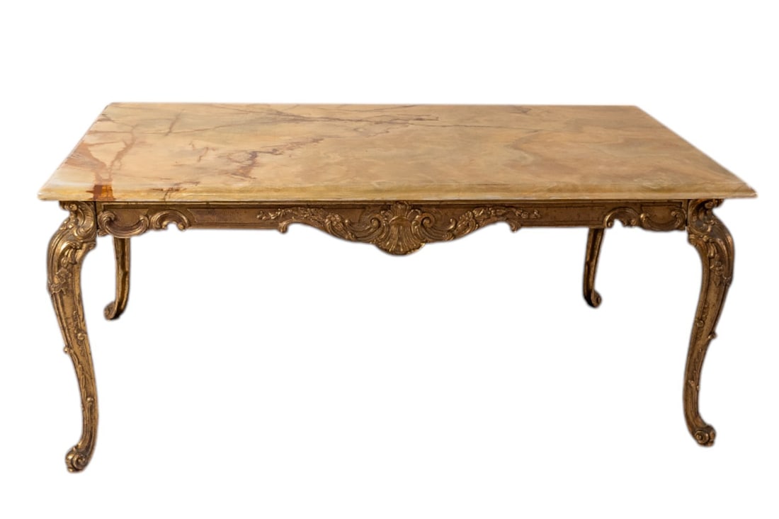 Antique French Louis XV Style Gilt Brass Console Table with Onyx Marble Top: This Antique French Louis XV Style Console Table features a stunning onyx marble countertop set atop an intricately detailed gilt brass frame. Rich in elegance and classic French design, it showcases