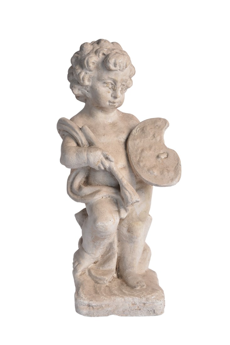18th Century Limestone Cherub Figural Garden Sculpture Holding Brush and Artist Paint Palette (1 of 6)