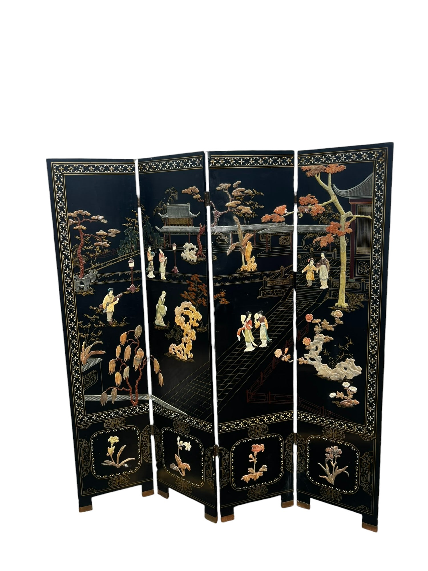 1920c Asian Coromandel Lacquer Double Sided Four-Sided Panel Screen Divider With Soapstone Decor: This stunning 1920s Asian wooden coromandel lacquer double-sided four-sided panel screen divider showcases exquisite craftsmanship and intricate soapstone decorations. Standing 72" in height and 65" i