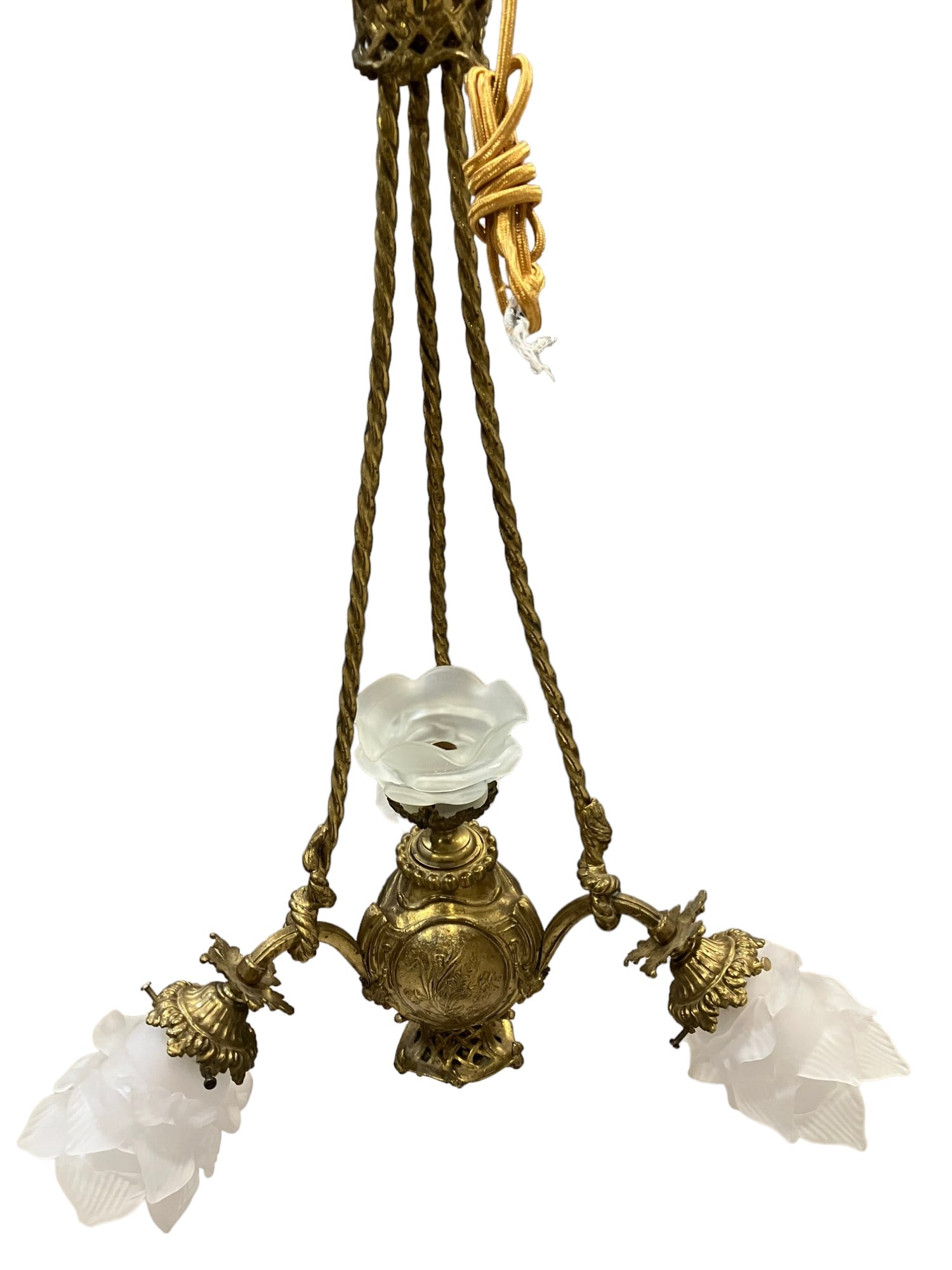 19th Century Louis XVI Gilt Bronze 3-Arm Whimsical Chandelier with Glass Shades: Introducing the 19th Century Louis XVI Gilt Bronze 3-Arm Whimsical Chandelier with Glass Shades, a charming blend of elegance and whimsy. Measuring 21.0" D x 19.0" L x 38.0" H (53.34 cm x 48.26 cm x 9