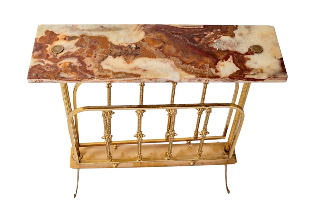 Early 20th C Century Antique Italian Art Deco Ornate Brass Onyx Marble Magazine Rack Side Table: This exquisite early 20th Century -century Italian Art Deco magazine rack side table is a statement of elegance and functionality. Crafted with ornate brass detailing and a luxurious onyx marble top,