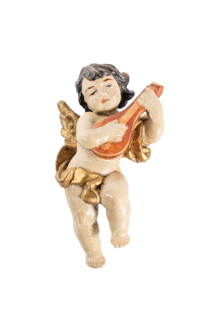 Antique 18th Century Hand-Carved Gold Leaf Wood Cherub Putti Playing Mandolin with Polychrome Gesso: Transport yourself back to the splendor of the 18th century with our remarkable Antique 18th Century Hand-Carved Gold Leaf Wood Cherub Putti Angel playing with Mandolin. This historical extraordinary