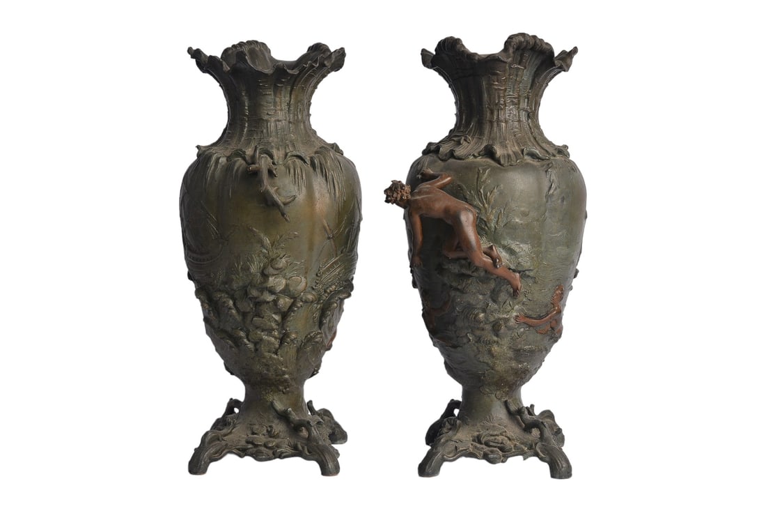 Early 19th Century Antique French Bronze Nude Female Vessel Ship Vase Urns: Early 19th Century Antique French Bronze Nude Female Vessel Ship Vase Urns, epitomizing classical beauty. Adorned with twin mythical nude female goddesses, intricately sculpted sailing around a vessel