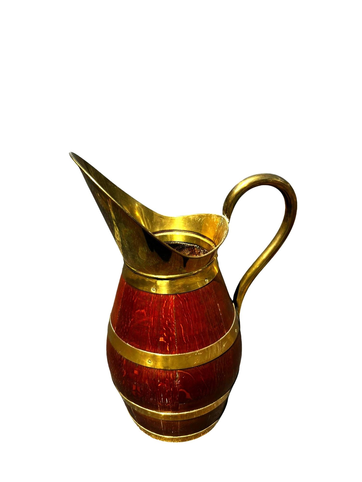 Antique Large French Country Oak Pitcher Brass Band Wine Barrel Umbrella Stand (1 of 6)