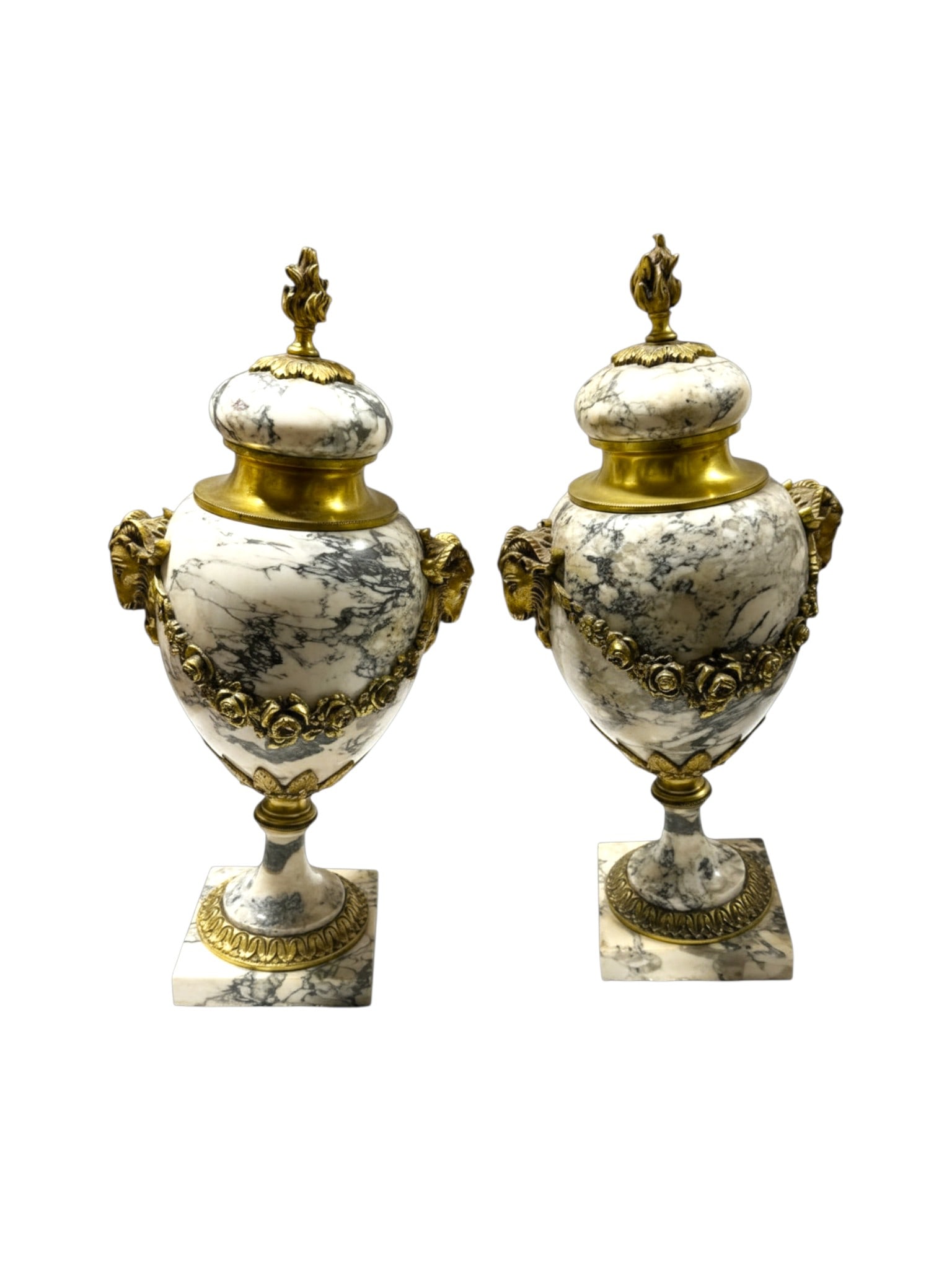 Pair 19th C. French Antique Marble & Bronze Urns with Ram Heads ? Castlettes (1 of 13)