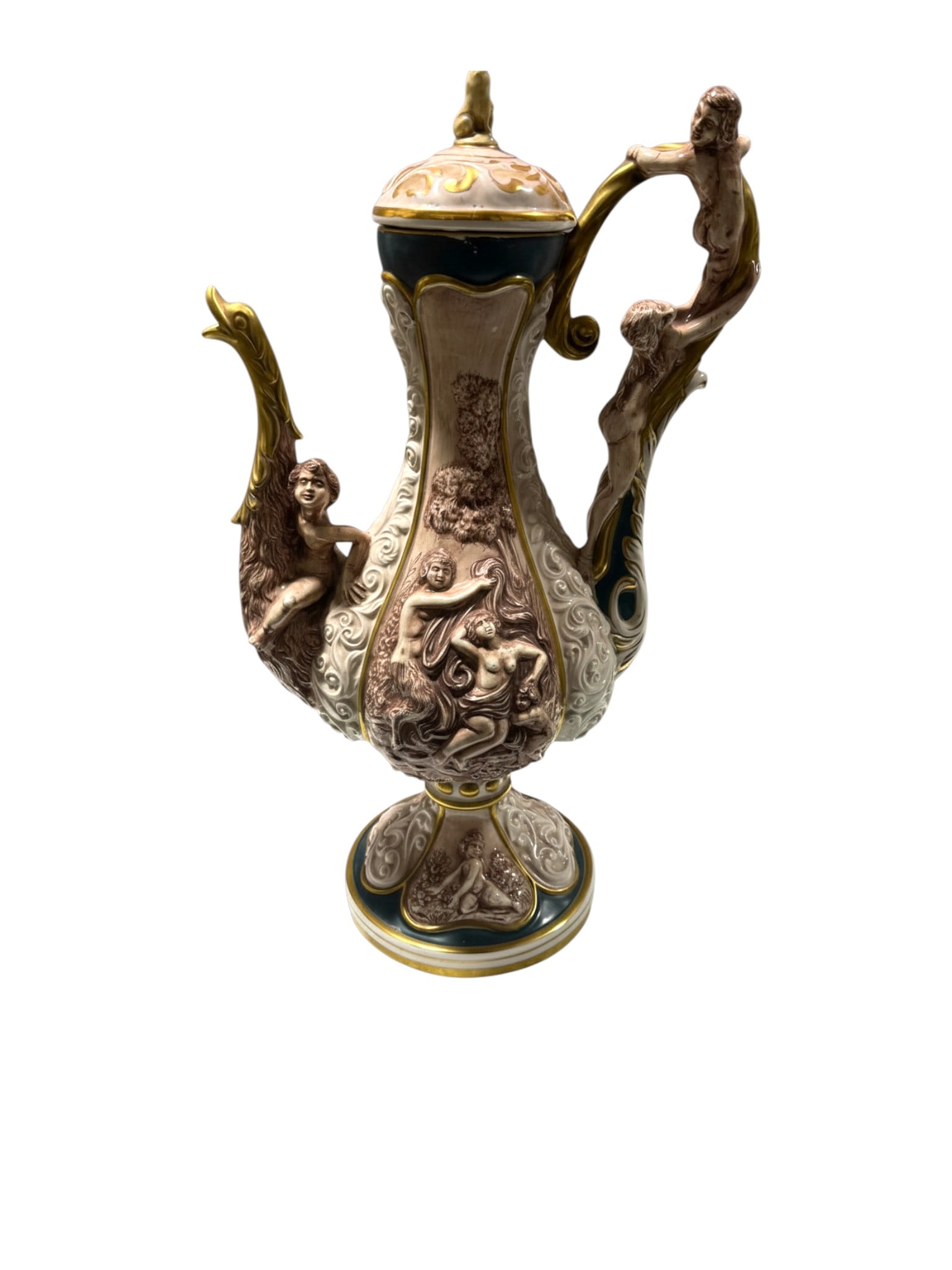 XL Capodimonte Porcelain Pitcher Vase with Swan & Putti Cherub Relief, Marked (1 of 12)