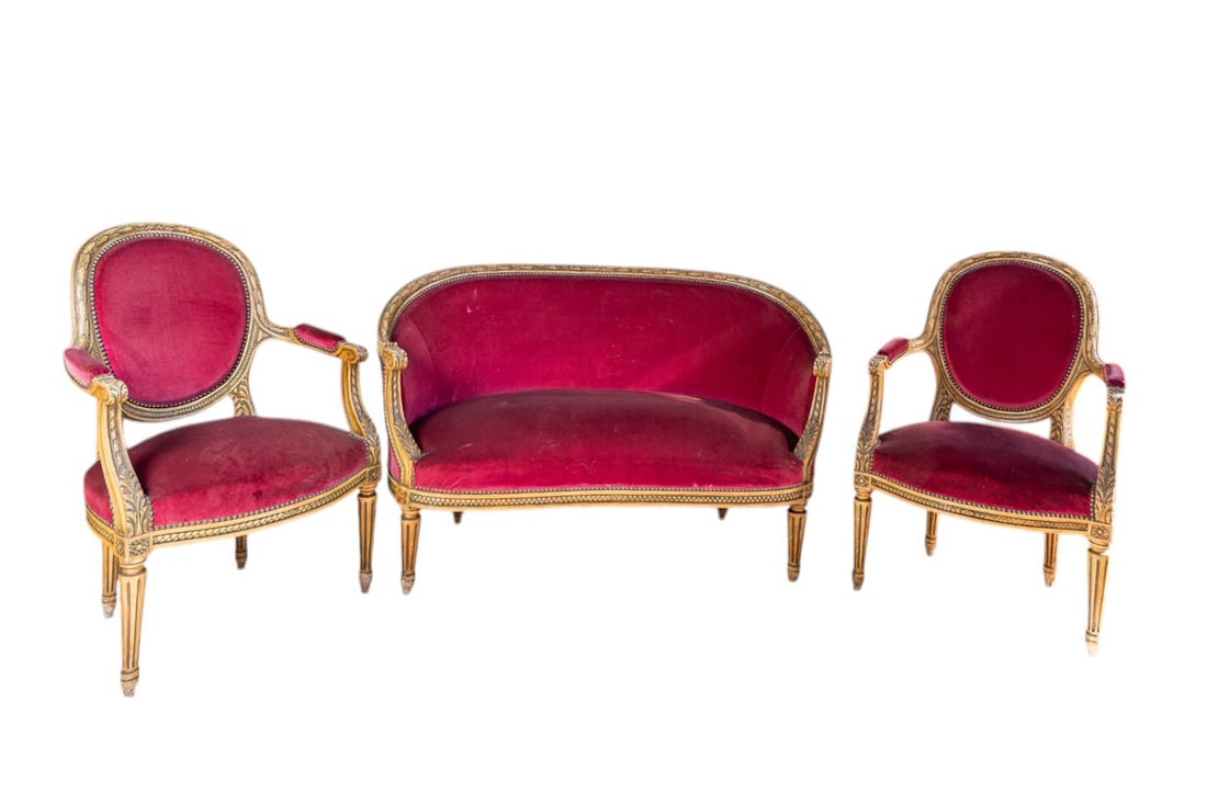 Late 19th Century French Louis XVI Gilded Walnut Living Room Petite Sofa 3-Piece Set (1 of 8)