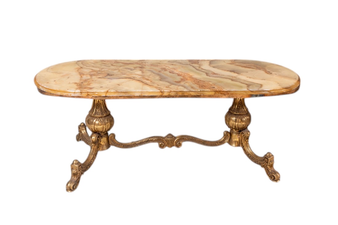 Early 20th Century Onyx Marble &Bronze Coffee Table Cocktail Table-Lounge Table: This Early 20th Century Onyx Marble & Bronze Coffee Table is a stunning example of timeless elegance and craftsmanship. Featuring a luxurious onyx marble top with rich natural veining, this table exud