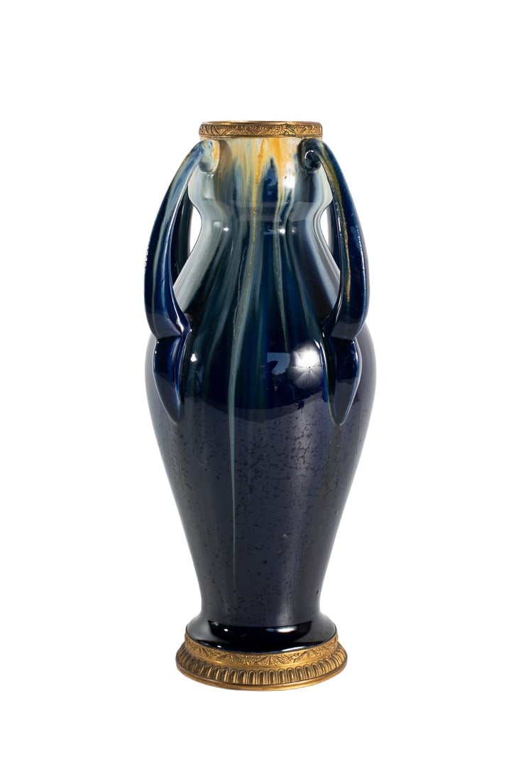 19th Century French Ceramic Glazed Cobalt Blue with Gold Highlights 4 Handle Vase with Bronze Trim (1 of 8)