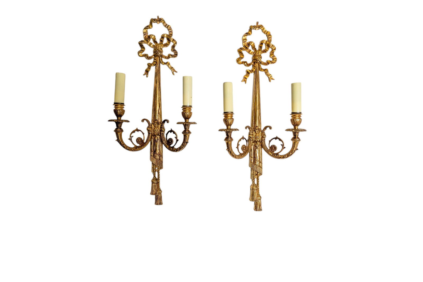 Late 19th Century French Pair of Louis XVI Revival Bow & Tassel Bronze Wall Candle Sconces (1 of 5)