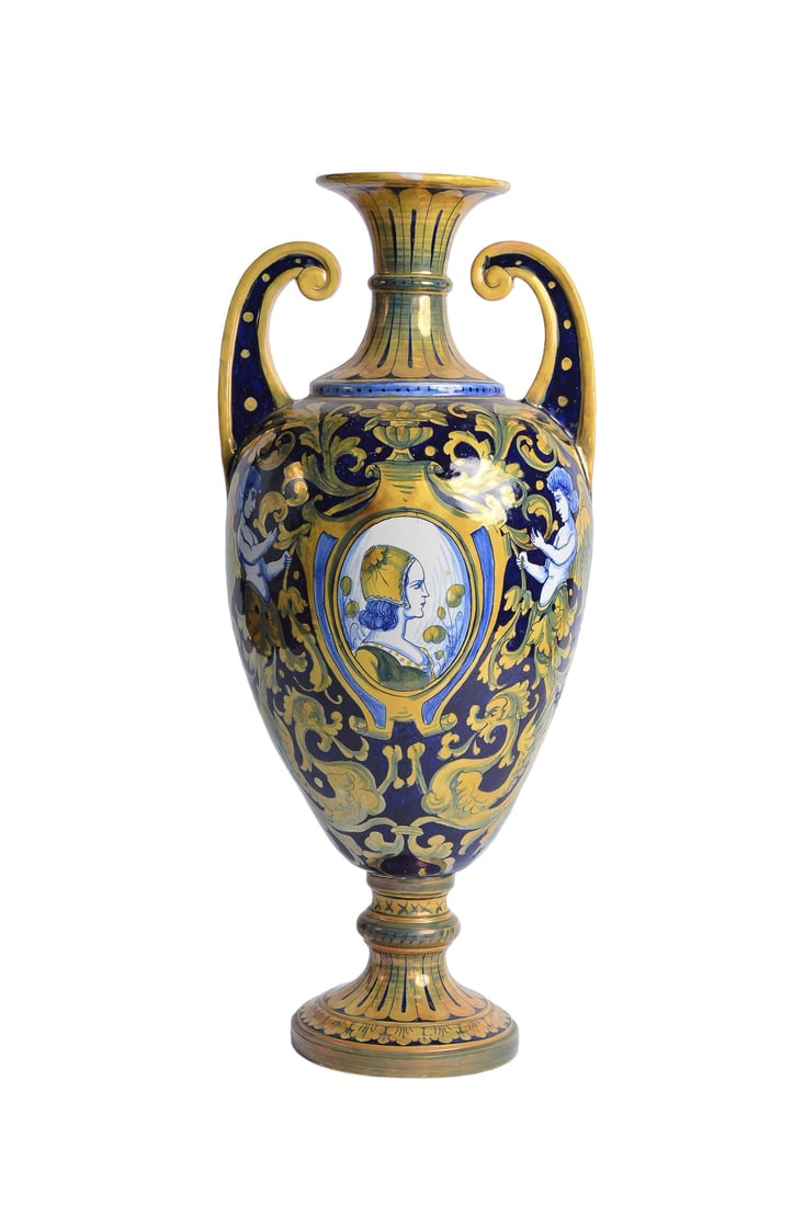 Antique Robbia Gualdo Tadino Tall Porcelain Amphora Vase Signed - 1900c: Antiqiue Robbia Gualdo Tadino Large Porcelain Amphora Vase fromt he circa 1900c. Crafted with meticulous detail, this exquisite piece features a classic amphora shape adorned with intricate designs. S