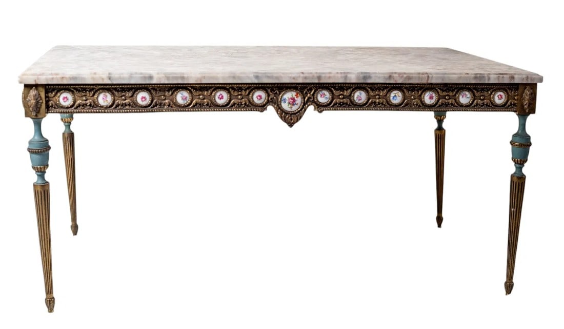 1950c Ormolu Onyx Marble Top Coffee Table Brass Mounts and Porcelain Panels by H & L Epstein (1 of 6)