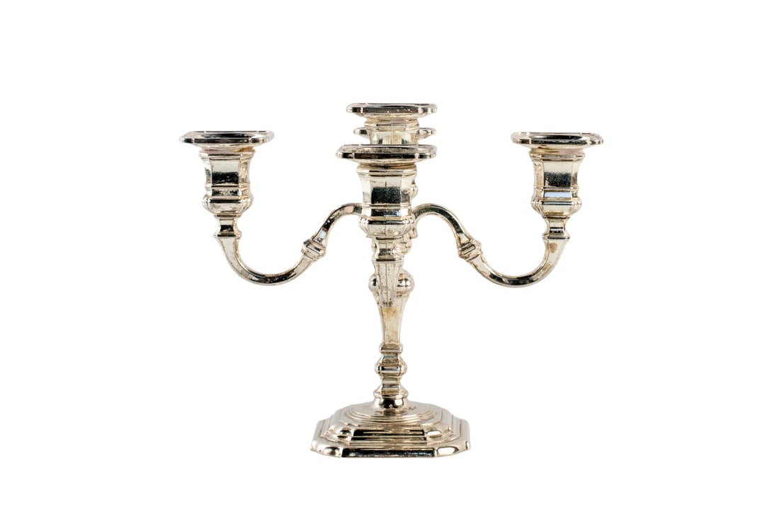 Antique Silver Plated 5-Arm Candelabra Table Candlestick - Stamp Marked: Antique Silver Plated 5-Arm Candelabra Table Candlestick. It is stamped on the bottom , we are unable to indentify the marking. Circa: 20th CenturyOrigin: Sourced in South of FranceMaterial: Silverpla