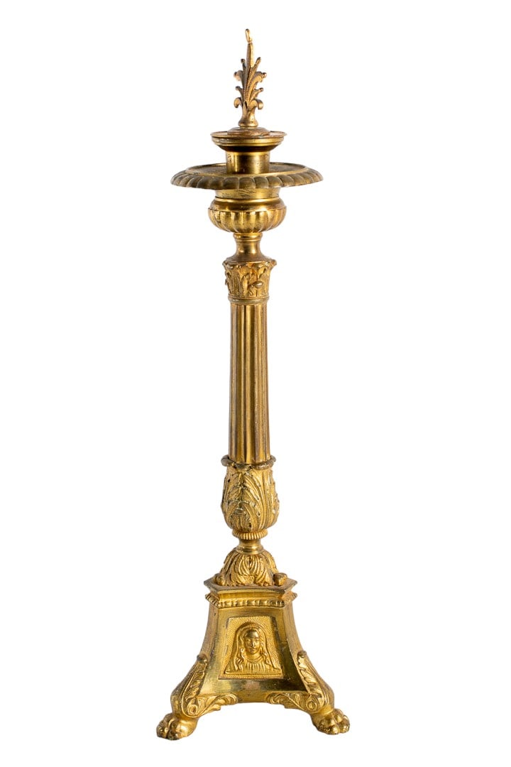 Early 20th-C. Italian Brass Repousse Religious Altar Pricket Candlestick: 20th-C. Italian Brass Repousse Altar Pricket Candlestick. This antique gilt candlestick features intricate religious figures and detailing, making it a stunning piece for collectors and churches who a