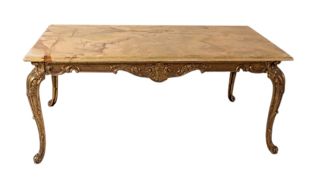 Antique French Louis XV Style Gilt Brass Console Table with Onyx Marble Top: This Antique French Louis XV Style Console Table features a stunning onyx marble countertop set atop an intricately detailed gilt brass frame. Rich in elegance and classic French design, it showcases