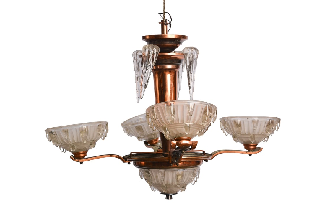 French Art Deco Copper and Frosted Glass 6-Arm Chandelier: This stunning French Art Deco 6-Arm Chandelier, attributed to Petitot and Ezan, showcases the elegance of the 1930s with its exquisite copper and frosted glass design. The chandelier measures approxim