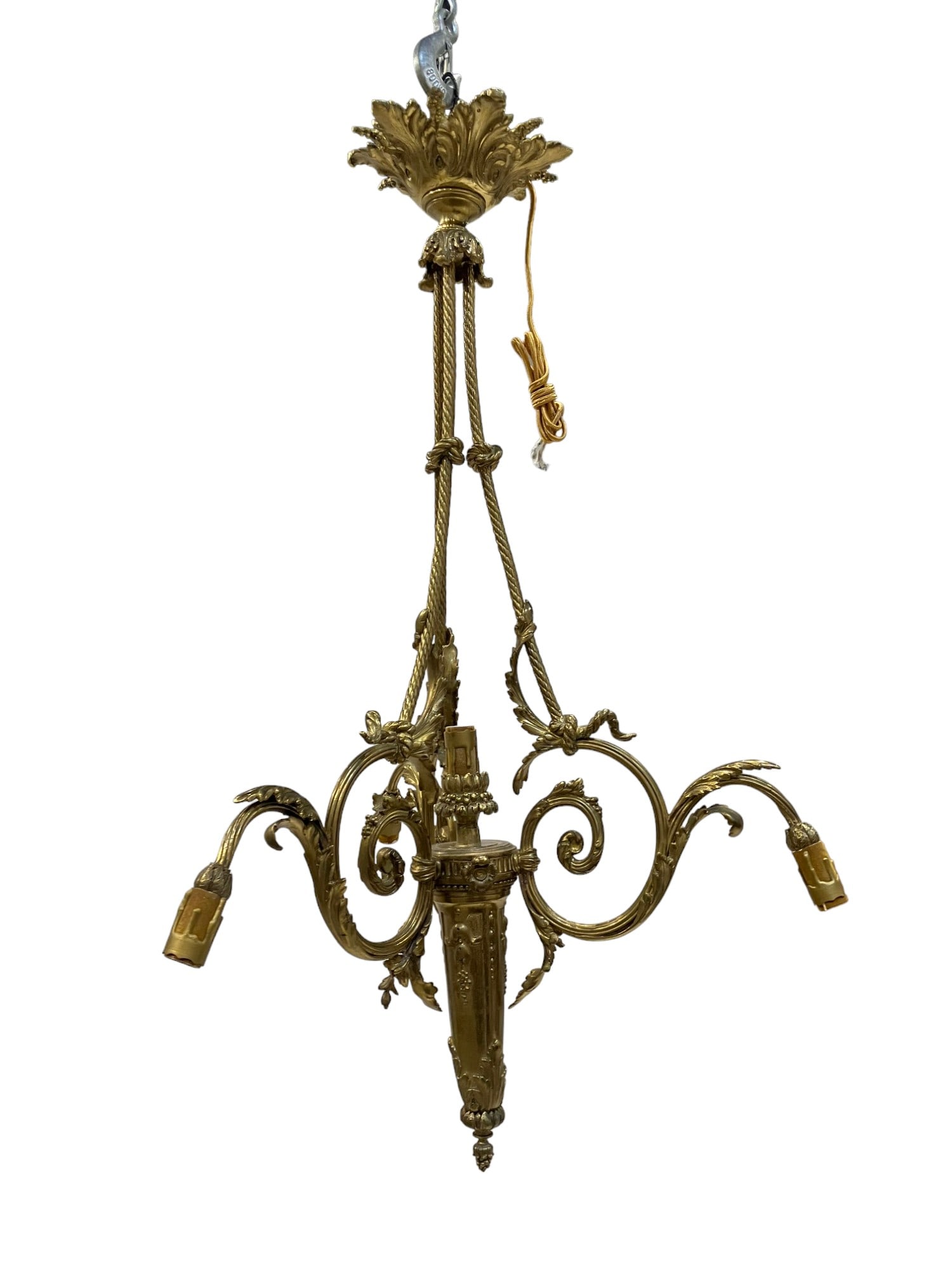 19th Century French Neoclassical Louis XVI Revival Gilt Bronze Three-Arm Light Chandelier: Presenting a stunning 19th Century French Neoclassical Louis XVI Revival Gilt Bronze Three-Arm Light Chandelier. Measuring 26.0" W x 25.0" L x 38.0" H (66.04 cm x 63.5 cm x 96.52 cm), this exquisite c