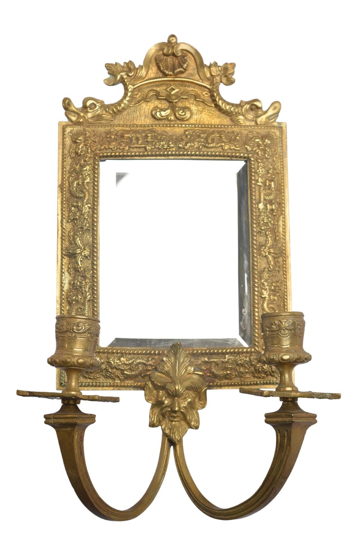 Original Antique Bronze Louis XVI Gilded Mirror 2-Arm Candle Holder With Ornate Figural Face (1 of 5)