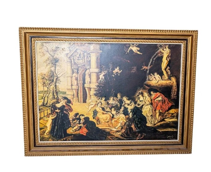 G Janssen [20th century Danish school] after Peter Paul Rubens [Flemish 1577-1640]: This impressive oil on canvas, titled "The Garden of Love", is signed G. Janssen, a 20th-century artist possibly from the Danish school, after the original masterpiece by Peter Paul Rubens (1577?1640)