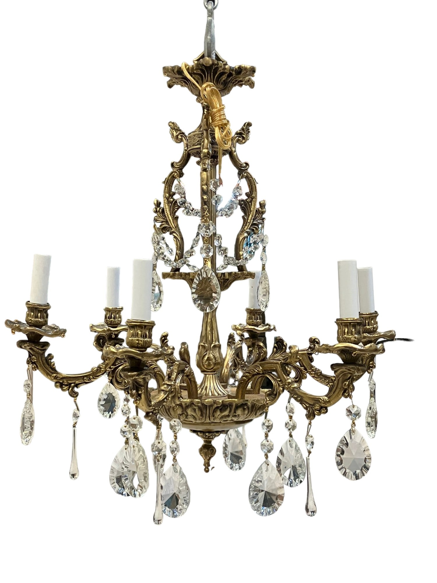 19th Century Antique Italian Rococo Baroque Gilt Bronze Garland Cage Crystal 6-Arm Chandelier: Introducing an Antique Italian Rococo Baroque Gilt Bronze Garland Cage Crystal 6-Arm Chandelier, epitomizing opulence and sophistication. Measuring approximately 32?W ? 32?D ? 33?L (81.28 cm x 81.28 c