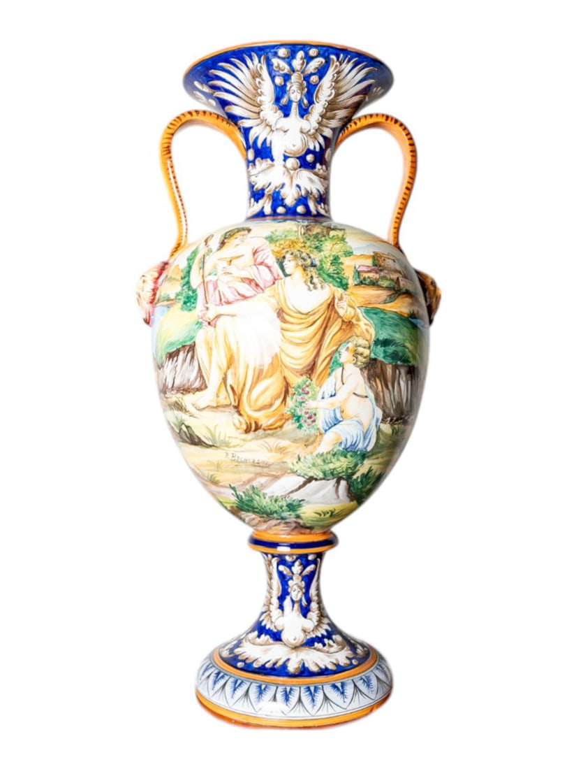 Antique Large Italian Large Handpainted Double Handled Ceramic Majolica Urn Vase - Signed F.: This stunning 20th-century Italian Majolica urn vase, signed by F. Becheroni, is a true masterpiece of craftsmanship. Featuring exquisite hand-painted details, its vibrant colors and intricate motifs