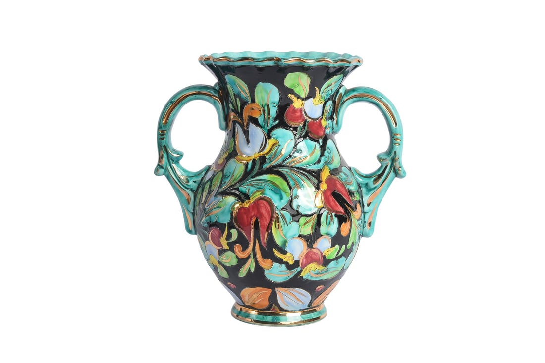 Mid-Century French Ceramic Vase with Floral Decoration by Cerart Monaco: Mid-Century French Ceramic Vase adorned with Floral Decoration by Cerart Monaco. Crafted with meticulous detail, this piece encapsulates the elegance of mid-century design. Standing at 10.25 inches in