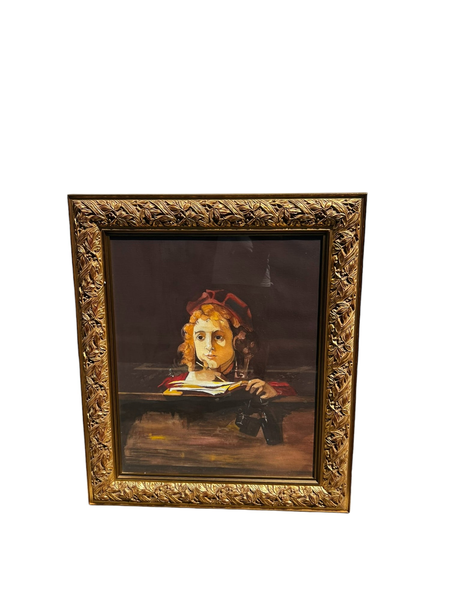 Mid-Century Watercolor Painting of Young Girl Studying Framed: This charming mid-century watercolor painting depicts a young girl deeply focused on her studies, capturing the innocence and tranquility of the moment. Beautiful ornate gesso wooden frame, this artwo
