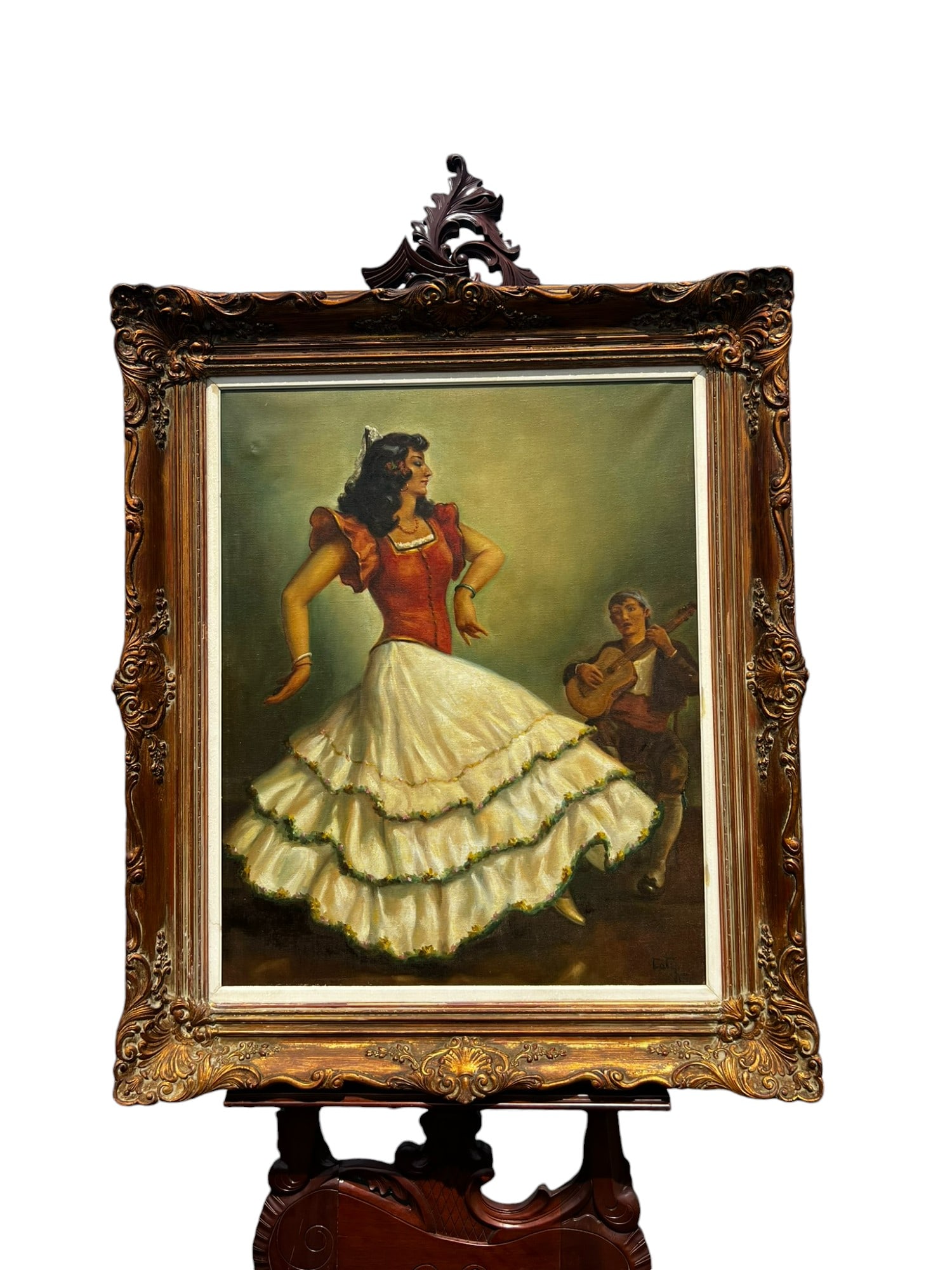 Original Antique Impressionist Oil Painting of Flamenco Dancer by Rene Caty: This original 20th Century antique Impressionist oil painting, signed by renowned artist Rene Caty, beautifully captures the grace of a flamenco dancer and Spanish guitarist playing music. Set in a st