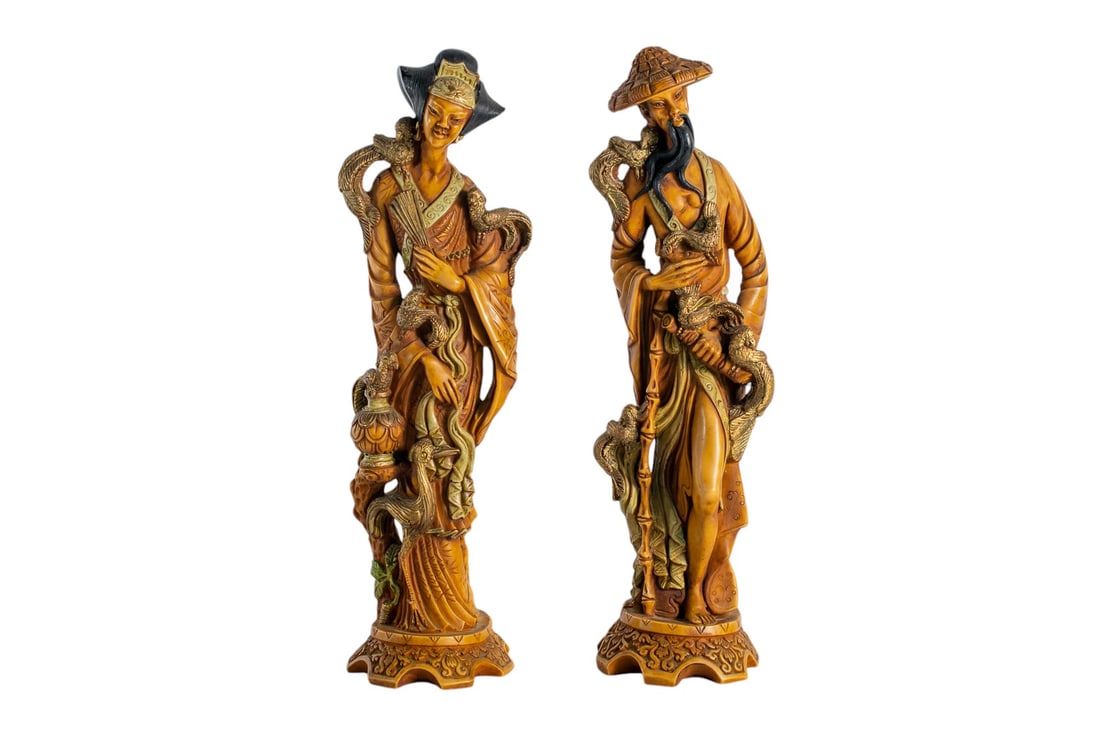 Original Antique Japanese Geisha and Daimyo Matching Resin Statues - 1900c: This is a pair of Original Antique Japanese Geisha and Daimyo Matching Resin Statues from the early 20th Century (feudal ruler). Each of the statues are about 20" tall and are quite heavy.Hand carved
