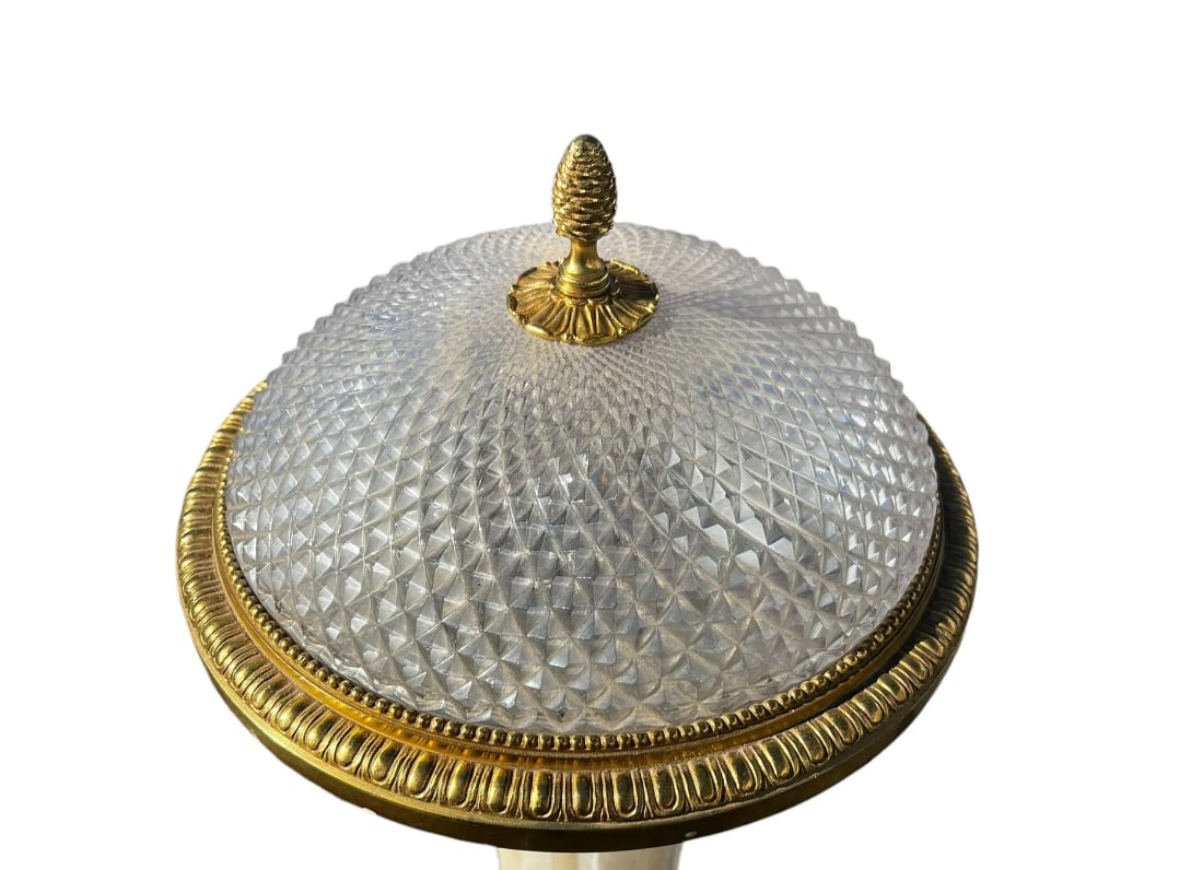 Antique French Regency Gilt Bronze & Cut Crystal Flush Mount 3 Light #2: This stunning antique French Regency gilt bronze and cut crystal flush mount light features three elegant lights, radiating sophistication and charm. With a diameter of 14" and a height of 6" (35.6 cm