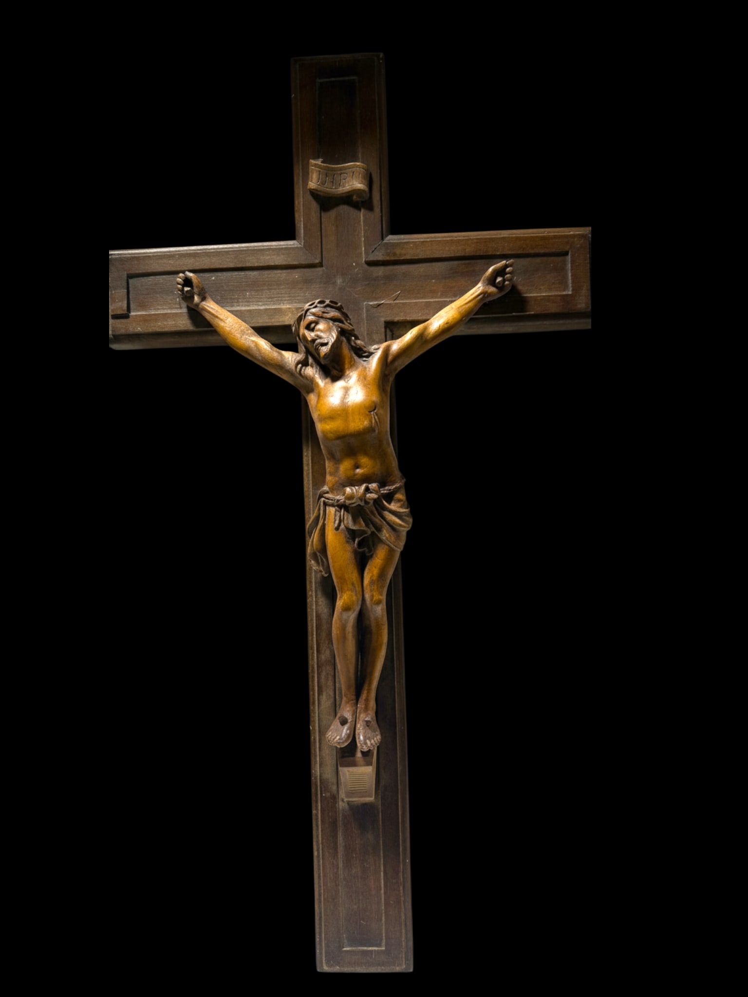 Antique 19th C. Hand-Carved Wood Crucifix Jesus Christ Religious Cross (1 of 10)