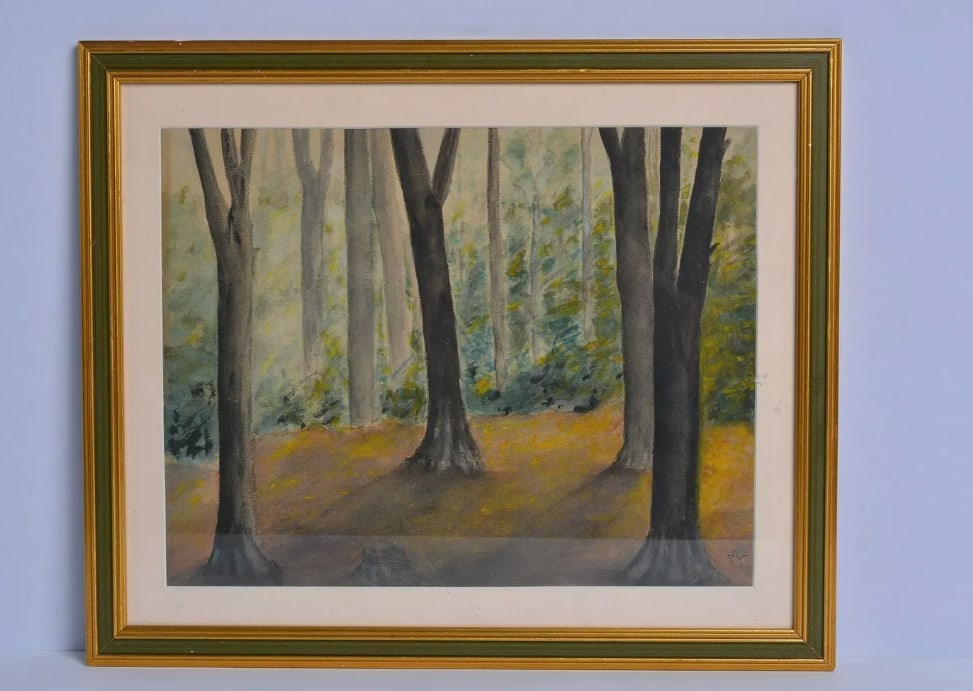 Original Watercolor Painting by Unknown Impressionist Artist of Forest Path: This beautiful painting depicts a serene forest path, created by an unknown impressionist artist which we are unable to identify and signed with letter ?M ?. We were told the artist is from Monaco. Th