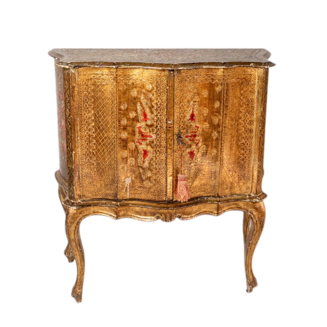 19th Century Antique Italian Rococo Florentine Gilt Serpentine Commode With Original Key: This elegant 19th Century Antique Italian Rococo Florentine Gilt Serpentine Commode exudes timeless charm and sophistication. Featuring a gracefully curved serpentine front, hand-applied gilt finish,