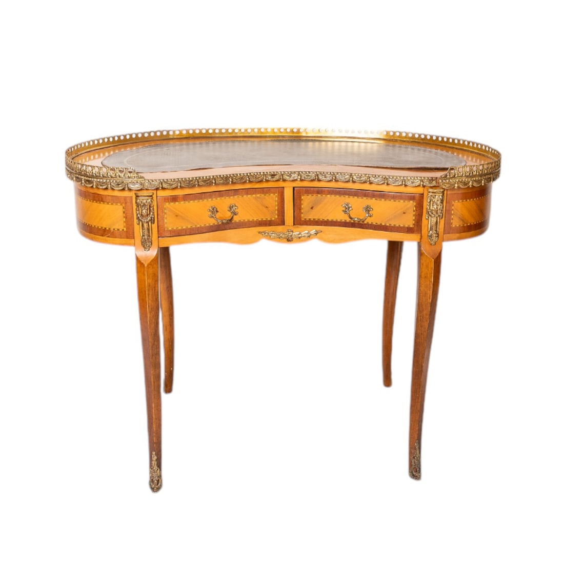 1900c French Louis XVI Style Inlaid Top Kidney Shaped Mahogany Writing Desk Table Gilt Bronze Trim (1 of 11)