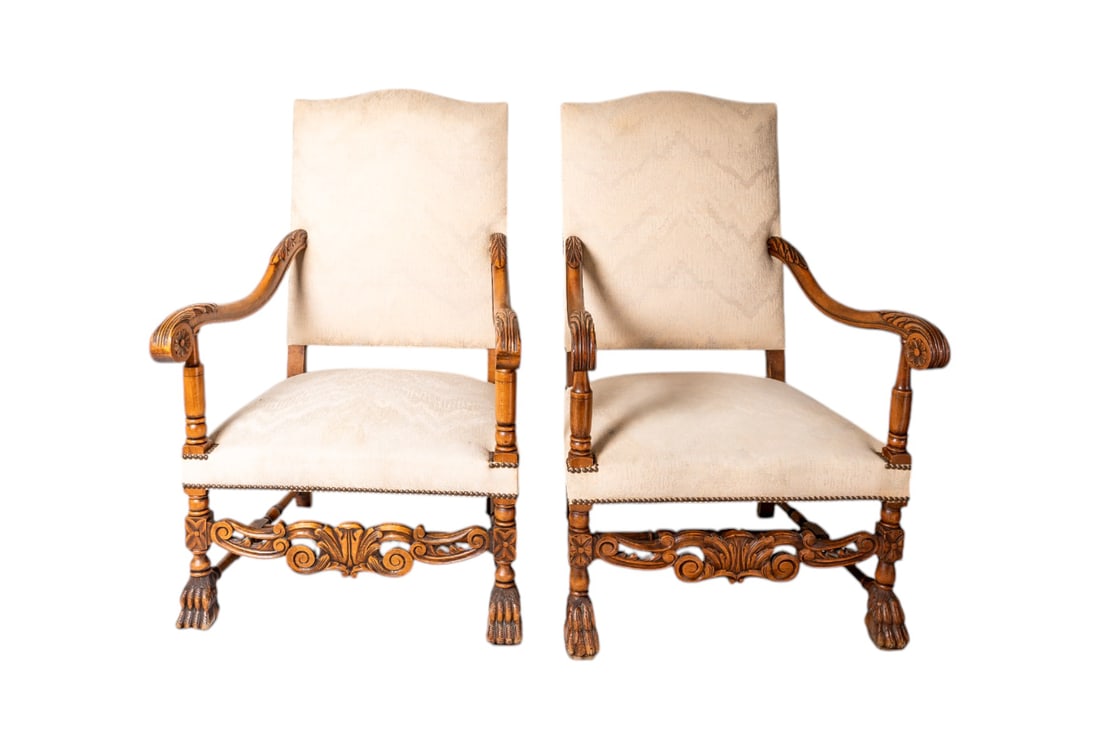 Antique English Baroque Hand Carved Oak Tall Upholstery Armchair With Lion Legs - Circa 1880s: This Antique English Baroque Hand-Carved Oak Tall Upholstery Armchair, circa 1880s, is a magnificent statement piece showcasing exquisite craftsmanship and regal design. The solid wood frame is adorne