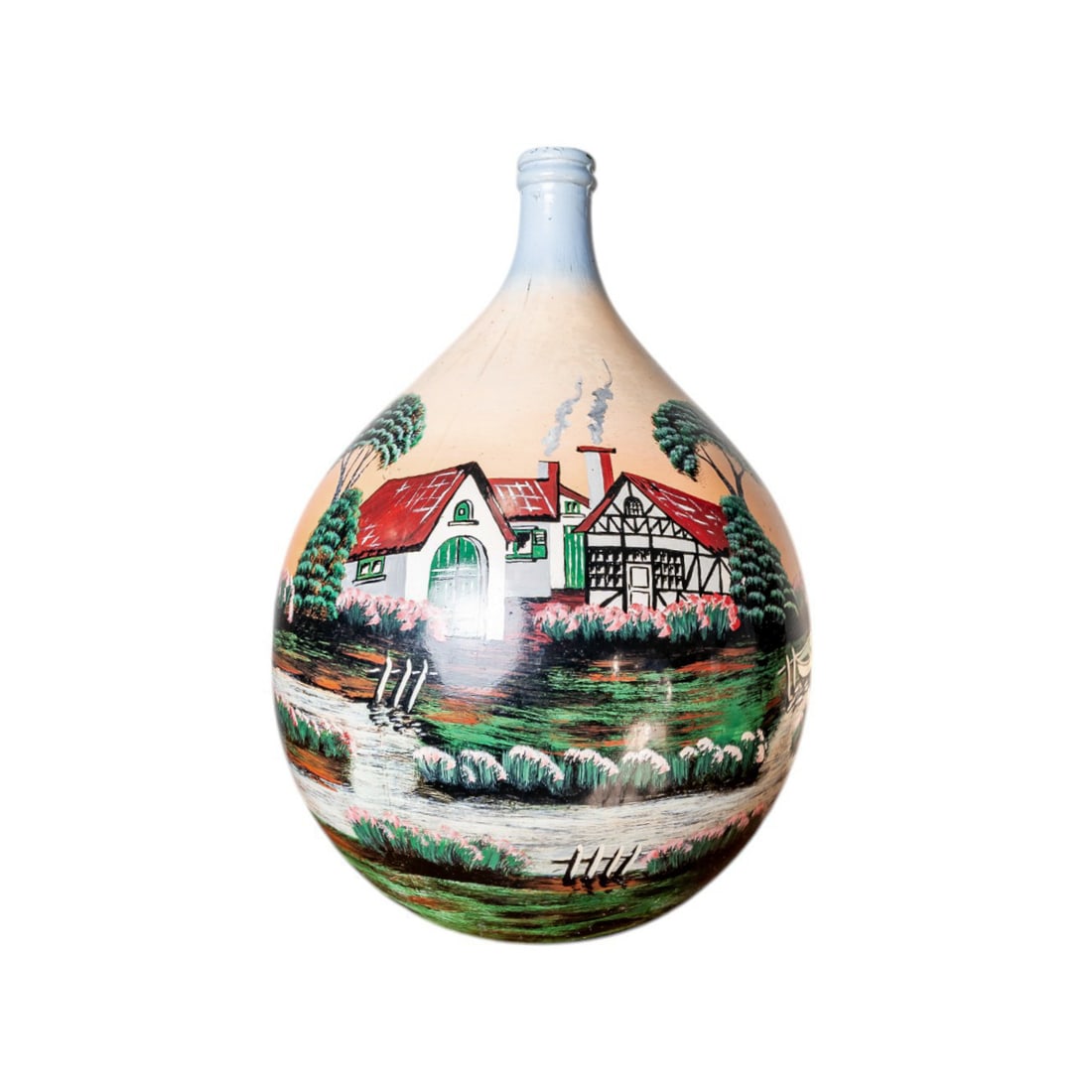Vintage Dutch Folkart Hand Painted Glass Large Dame Jeanne Bottle Vase (2): # 2 Style This Vintage Dutch Folk Art Hand-Painted Glass Dame Jeanne Bottle Vase is a beautifully crafted piece featuring traditional floral motifs and charming artistry. Measuring 17.13" (43.5 cm) W